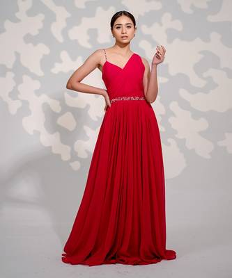 Hot Pink One Shoulder Drape Georgette Gown 1