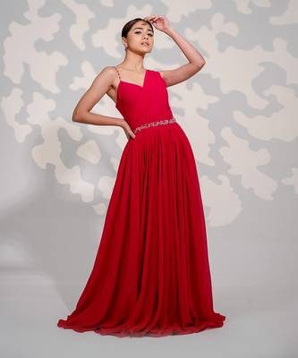 Hot Pink One Shoulder Drape Georgette Gown 2