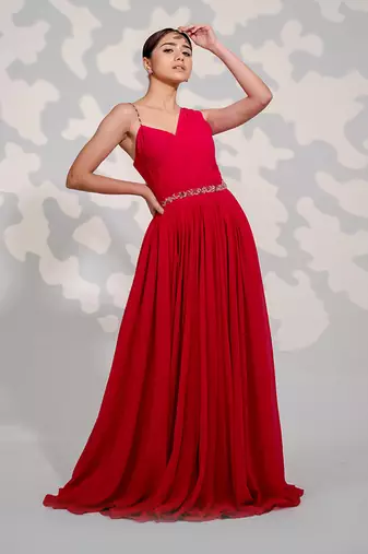 Hot Pink One Shoulder Drape Georgette Gown