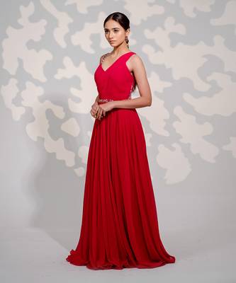 Hot Pink One Shoulder Drape Georgette Gown 3