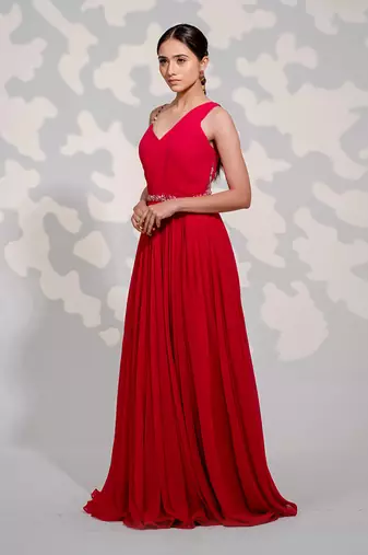 Hot Pink One Shoulder Drape Georgette Gown