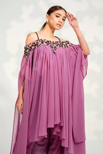 Purple Off Shoulder Pant Set