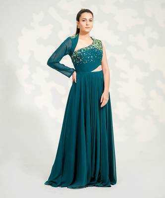 Emerald Green One Shoulder Gown 1