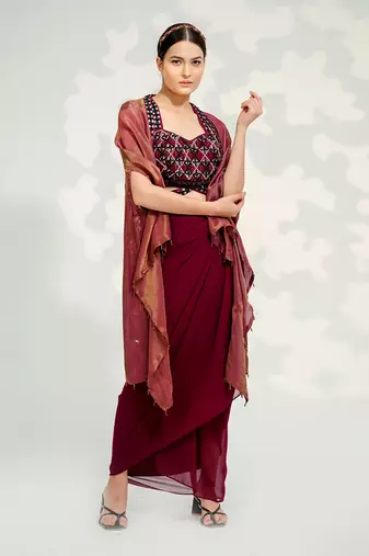 Purple Dhoti Cape Set