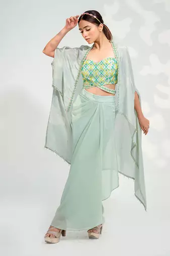 Mint Green Dhoti Cape Set