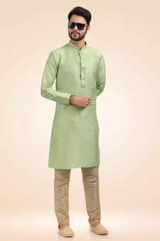 Green printed art silk kurta-pajama