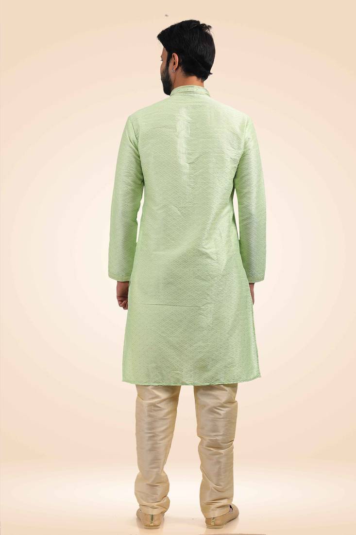 Green printed art silk kurta-pajama