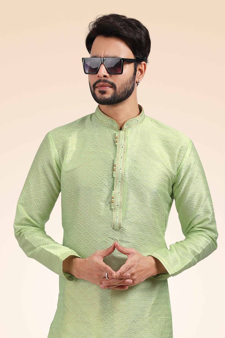 Green printed art silk kurta-pajama