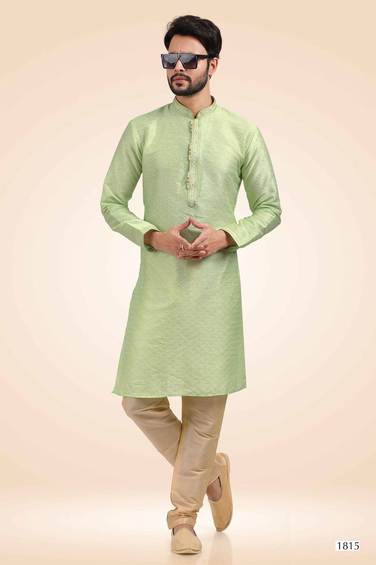 Green printed art silk kurta-pajama