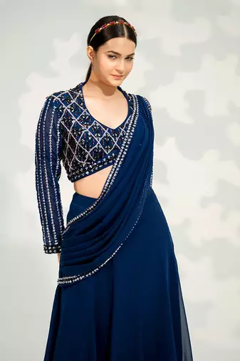 Blue Georgette Saree Lehenga set