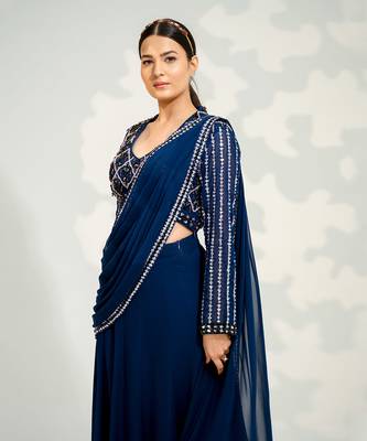 Blue Georgette Saree Lehenga set 3