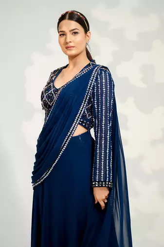 Blue Georgette Saree Lehenga set
