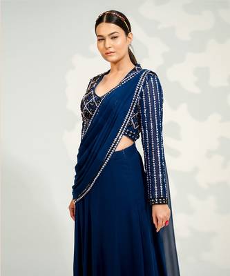 Blue Georgette Saree Lehenga set 4