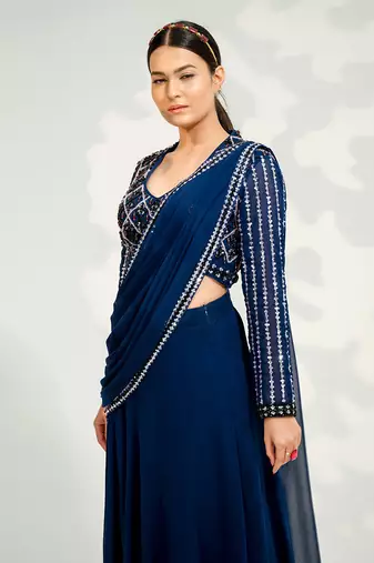 Blue Georgette Saree Lehenga set