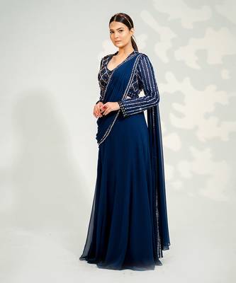 Blue Georgette Saree Lehenga set 1