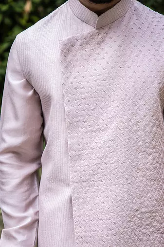 Lilac Side Cut High-Low Jacket With Stitchlines And French Knot Embroidery