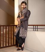 Charcoal Grey Long Jacket With Placement Hand Embroidery