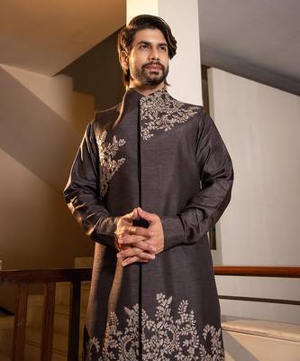 Charcoal Grey Long Jacket With Placement Hand Embroidery 2