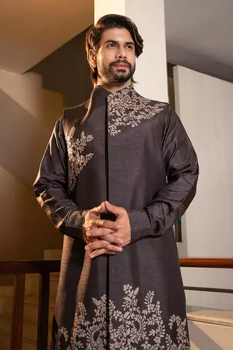 Charcoal Grey Long Jacket With Placement Hand Embroidery