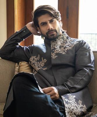 Charcoal Grey Long Jacket With Placement Hand Embroidery 3