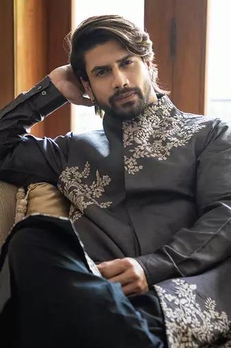 Charcoal Grey Long Jacket With Placement Hand Embroidery