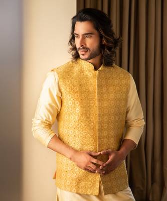 Yellow Jacket With All Over Zari Embroidery 2