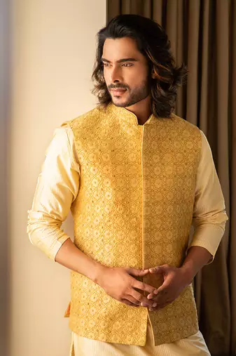 Yellow Jacket With All Over Zari Embroidery
