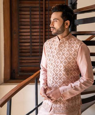 Rose Pink Hand Embroidered Jacket With Kurta Set. 2
