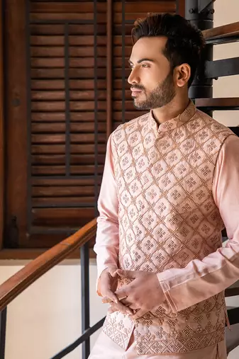 Rose Pink Hand Embroidered Jacket With Kurta Set.