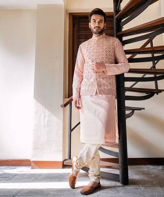 Rose Pink Hand Embroidered Jacket With Kurta Set. 1