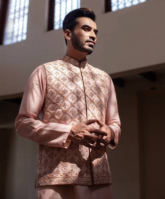 Rose Pink Hand Embroidered Jacket With Kurta Set. 3