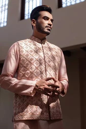 Rose Pink Hand Embroidered Jacket With Kurta Set.