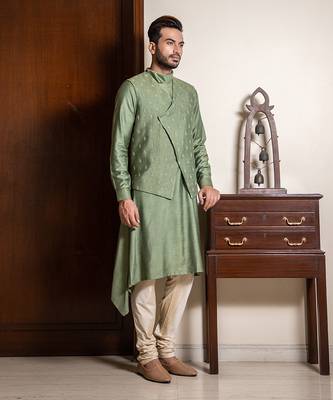 Hand Embroidered Silk Jacket With Cowl Neck Draped Kurta 1