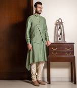 Hand Embroidered Silk Jacket With Cowl Neck Draped Kurta