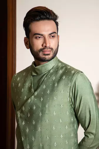 Hand Embroidered Silk Jacket With Cowl Neck Draped Kurta