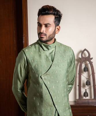 Hand Embroidered Silk Jacket With Cowl Neck Draped Kurta 3