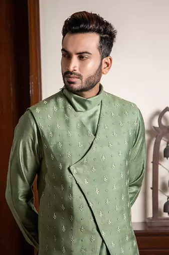 Hand Embroidered Silk Jacket With Cowl Neck Draped Kurta
