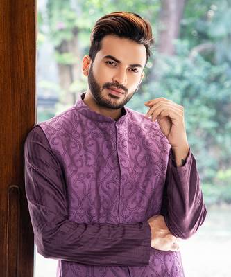 Purple French Knot Embroidered Jacket With Darker Kurta Pajama Set. 2