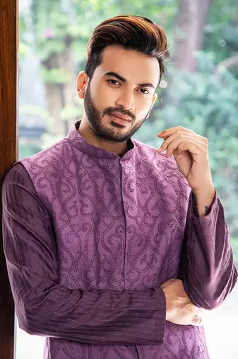 Purple French Knot Embroidered Jacket With Darker Kurta Pajama Set.
