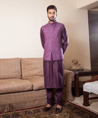 Purple French Knot Embroidered Jacket With Darker Kurta Pajama Set. 1