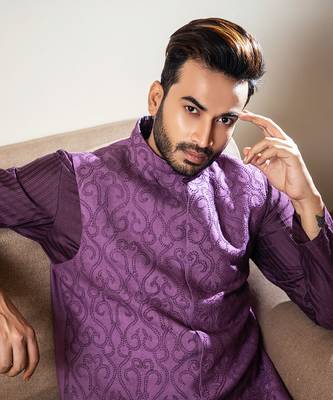 Purple French Knot Embroidered Jacket With Darker Kurta Pajama Set. 3