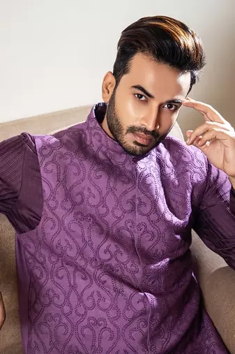Purple French Knot Embroidered Jacket With Darker Kurta Pajama Set.