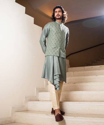 Sage Green Hand Embroidered Jacket With Asymmetric Draped Kurta Set. 1
