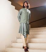 Sage Green Hand Embroidered Jacket With Asymmetric Draped Kurta Set.