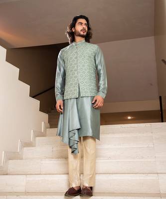 Sage Green Hand Embroidered Jacket With Asymmetric Draped Kurta Set. 2