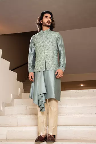 Sage Green Hand Embroidered Jacket With Asymmetric Draped Kurta Set.