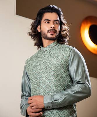 Sage Green Hand Embroidered Jacket With Asymmetric Draped Kurta Set. 3