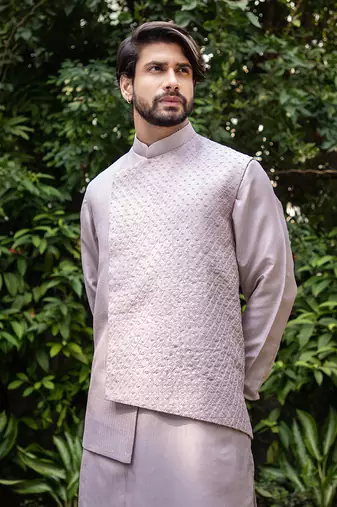 Lilac Side Cut High-Low Jacket With Kurta Set.
