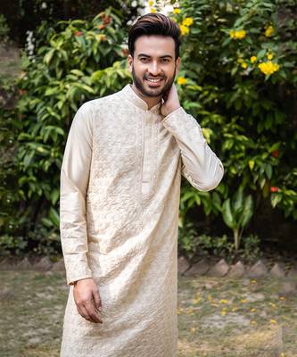 Beige Hand Embroidered Kurta Set. 3