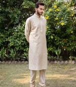 Beige Hand Embroidered Kurta Set.